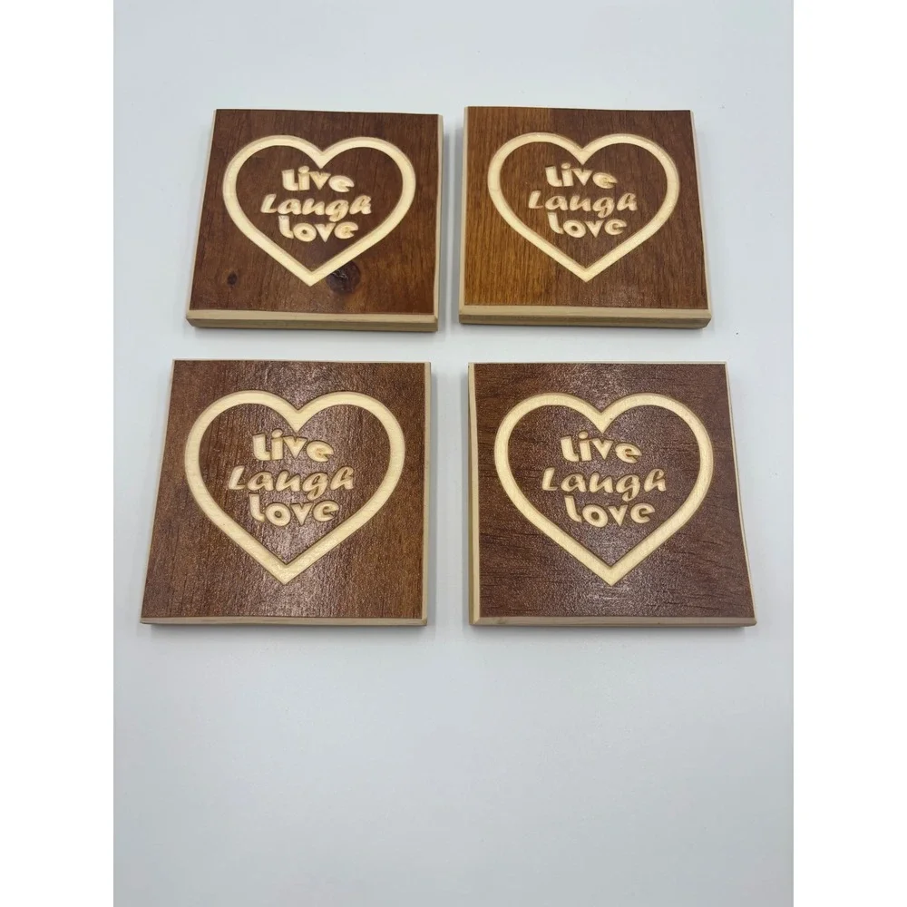 Live Laugh Love Wooden Coaster Set with Holder 4 Piece Heart Engraved Brown Wood